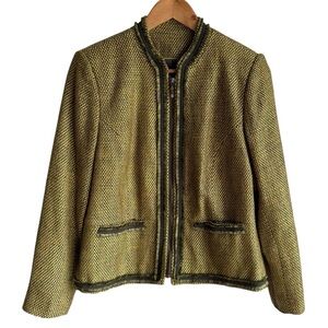 Tanjay Soft Knit Jacket Sz 8P Green Woven Jacquard Tweed Full Zip Textured Coat
